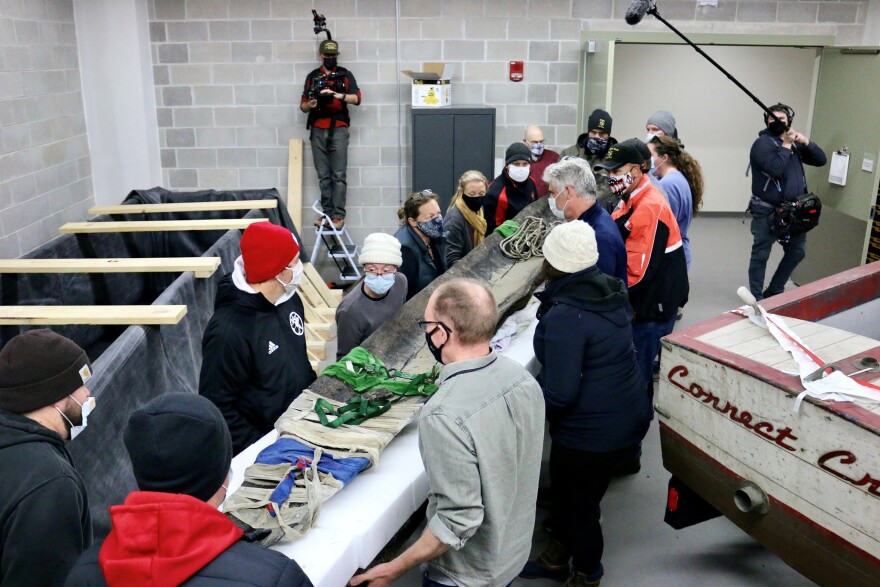 After being extracted from Lake Mendota, the dugout canoe was transferred into a preservation vat. The canoe dates back to 800 A.D.