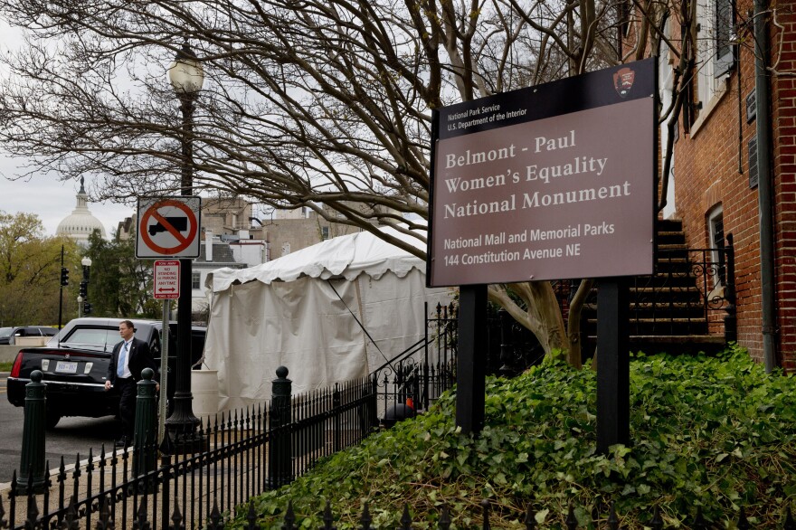 The president's limousine sits in front of the Belmont-Paul Women's Equality National Monument.