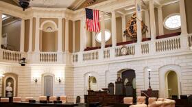 The public gallery balconies inside the Senate Chamber of the Massachusetts State House.
