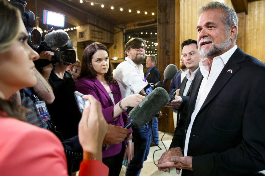 GOP gubernatorial candidate Victor Marx speaks with the media after his primary night watch party in Larkspur. June 30, 2026.