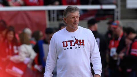 Utah head coach Kyle Whittingham before an NCAA college football game between Utah and Kansas State, Saturday, Nov. 22, 2025, in Salt Lake City.