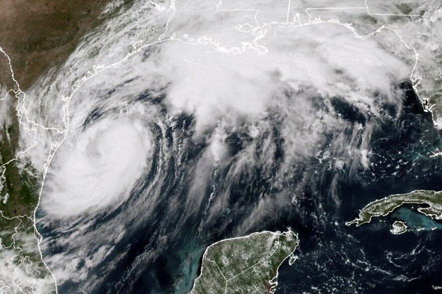 This GOES-16 GeoColor satellite image taken at 2:21 p.m. EDT and provided by National Oceanic and Atmospheric Administration (NOAA) shows Tropical Storm Francine in the Gulf of Mexico, Tuesday, Sept. 10 2024. (NOAA via AP)