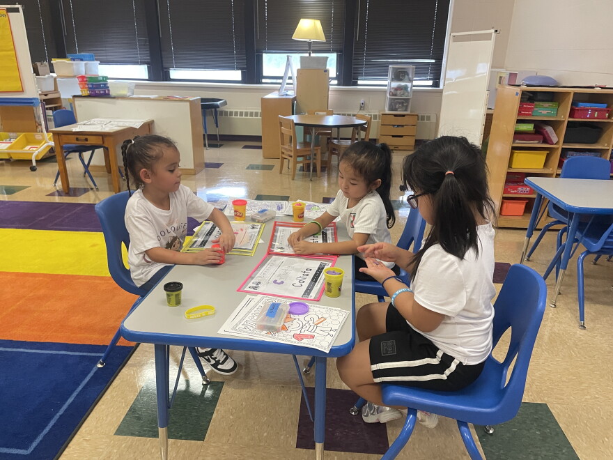 Five-year-old students at Burbank Elementary work with Play-Doh on the first day of school on Sept. 1, 2026.