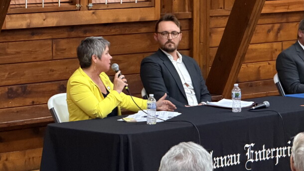 Incumbent state Rep. Betsy Coffia, D-Traverse City, debates Republican nominee Edwin Dean at the 2026 Cherry Capital Debate to represent Michigan’s 103rd state House District. (Photo: David Dodman)