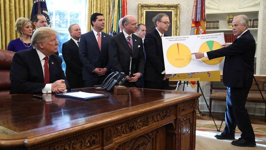 Navarro, director of the Office of Trade and Manufacturing Policy, presents charts showing job numbers to Trump on Jan. 31, 2019.