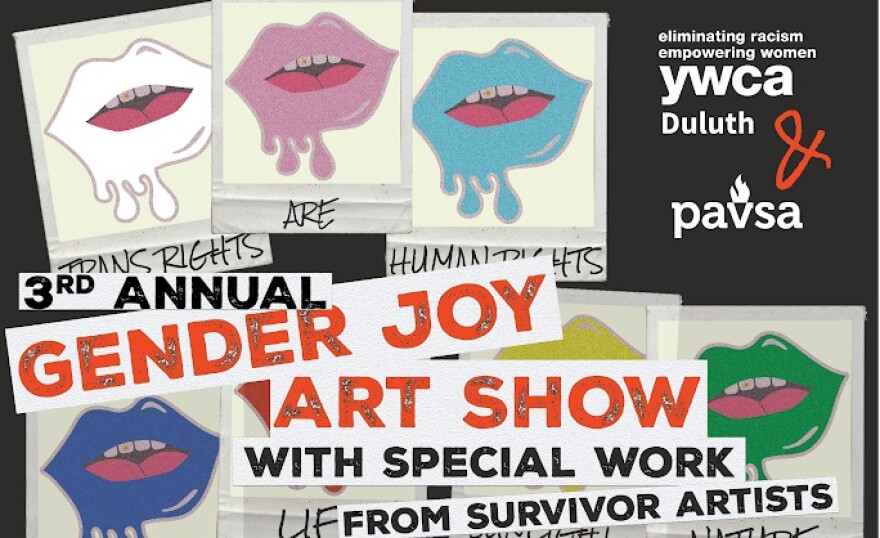 Poster for 3rd Annual Gender Joy Art Show; colorful illustrations of lips on polaroids