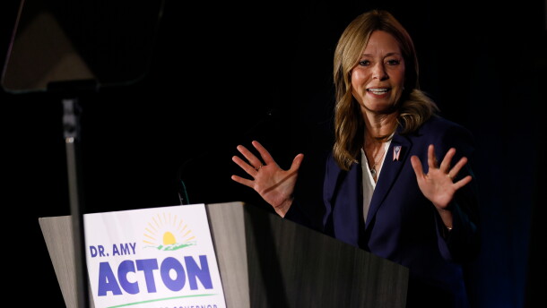 Democratic gubernatorial candidate Dr. Amy Acton speaks at a primary election night campaign event after winning the party's nomination for governor Tuesday, May 5, 2026, in Columbus, Ohio.