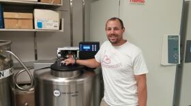 Brandon Hopkins is a WSU honey bee researcher who developed a method for freezing honey bee semen, allowing for easier bee breeding. Photo credit: Max Bartlett