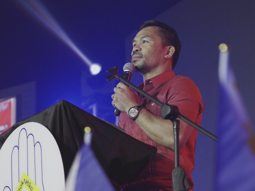 Senator Manny Pacquiao speaks during a national convention of his PDP-Laban party in Quezon city, Philippines on Sept. 19, 2021.