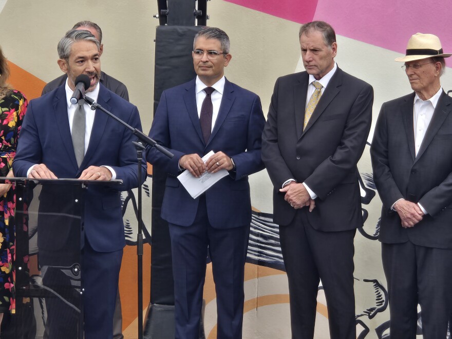 Former San Antonio Mayor Ron Nirenberg calls on San Antonians to pass Propositions A&B on Nov. 4. Standing to his left is Gilbert Gonzales, the president and CEO of the San Antonio Board of Realtors, Jeff Webster, the president and CEO of the Greater San Antonio Chamber of Commerce, and longtime former San Antonio Mayor and County Judge Nelson Wolff