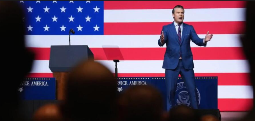 Defense Secretary Pete Hegseth in an address Tuesday, Sept. 30, 2025, to senior military leaders at Marine Corps Base Quantico, in Quantico, Va.