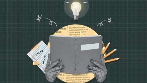 Illustration of hands holding a notebook and pencils