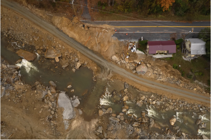 Extensive damage to roads and property in Chimney Rock Village in Rutherford County in the aftermath of Tropical Storm Helene are visible in this image captured by a drone on Nov. 10, 2024.