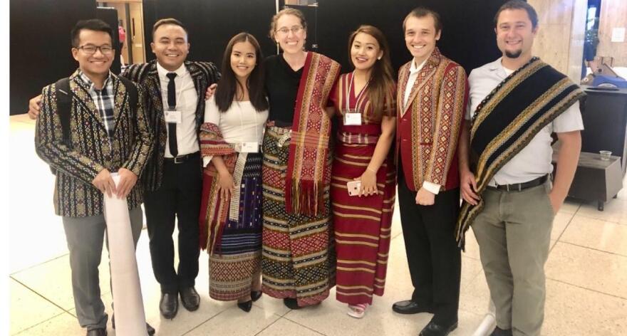 Indiana University linguistics professor Kelly Harper Berkson with members of the Chin Languages Research Project. From left to right, Peng Hlei Thang, Thomas Thawngza, Zai Sung, Kelly Harper Berkson, Sui Hnem Par, James C. Wamsley, Samson Lotven.