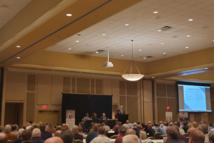 Indiana Farm Bureau President Randy Kron addresses membership during the delegate and education session at the annual state convention.