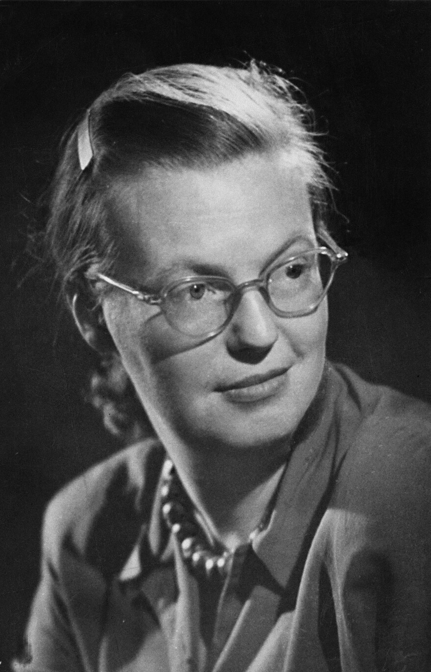 A black-and-white headshot of author Shirley Jackson