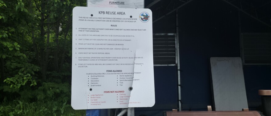 A sign at the Homer Landfill marks accepted items in the reuse area.