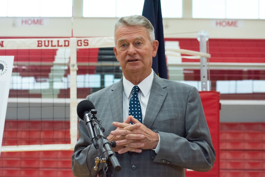 Gov. Brad Little — seen here in 2021 at Nampa High School in Nampa, Idaho — has focused his reelection campaign on ushering in record tax breaks and cutting government regulations