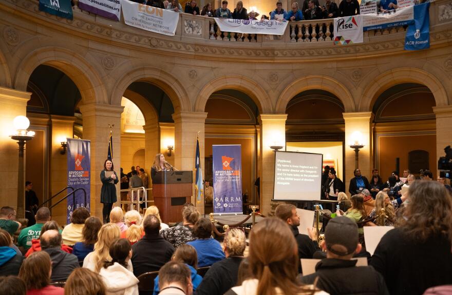 Anna Heglund, president of the board of directors for ARRM, speaks during Disability Day at the Minnesota State Capitol in St. Paul on Tuesday, March 24, 2026, where advocates raised concerns about potential cuts to disability services.