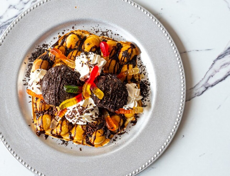 Gummy worms are a garnish on the Dirt Waffle.