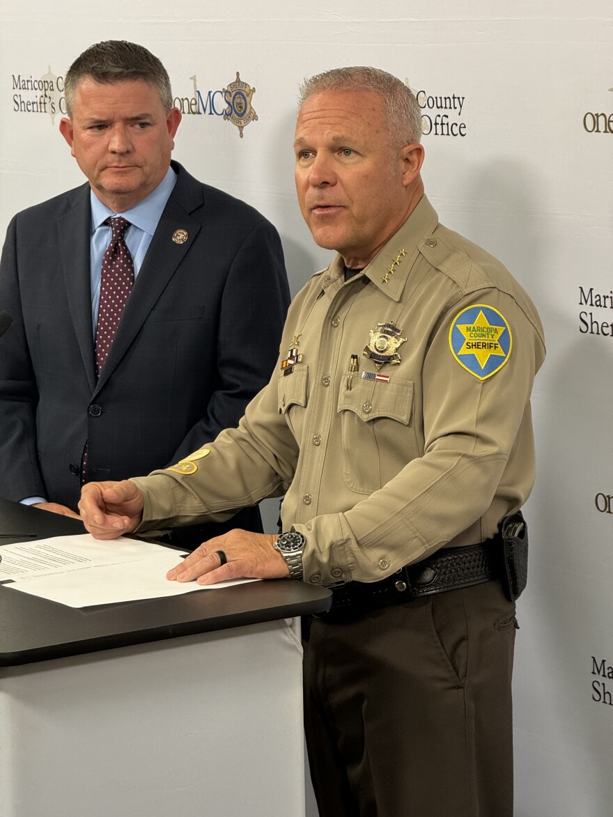Maricopa County Supervisor Bill Gates (left) and Maricopa County Sheriff Russ Skinner talk to the media on June 25, 2024.