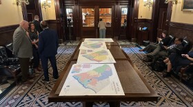 Maps for new congressional districts in South Carolina are shown in the South Carolina Senate antechamber on Friday, May 22, 2026, in Columbia, S.C. (AP Photo/Jeffrey Collins)