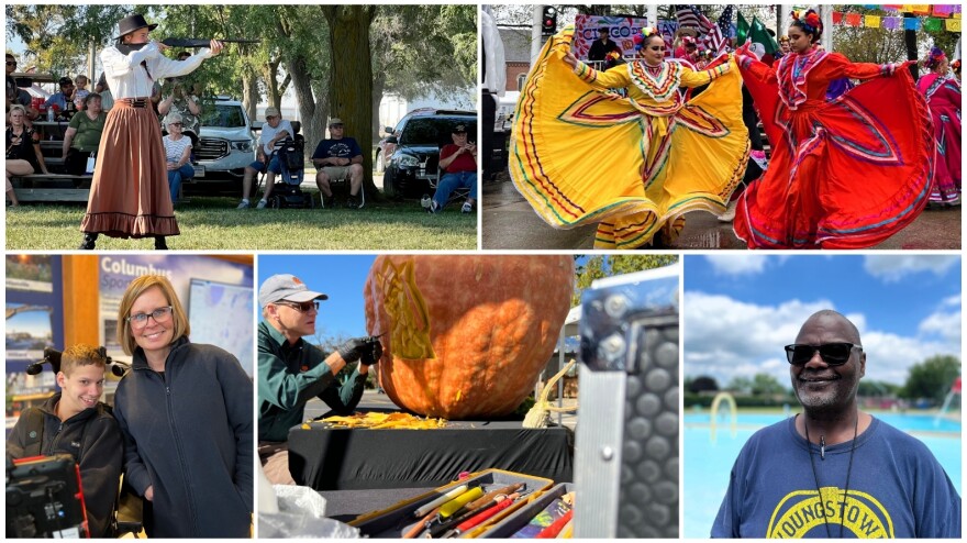 A small number of the hundreds of Ohio neighbors The Ohio Newsroom introduced listeners to this year. From top left: Kevin Tarpley, founder and executive director of the Youngstown Lifeguard Academy; Joel and Heather Buyer, accessible restroom advocates; Alia Hunt, "Miss Annie Oakley" sharpshooter competitor; Gus Smithhisler, the 'Squashcarver'; dancers at Painesville's Cinco de Mayo celebration.