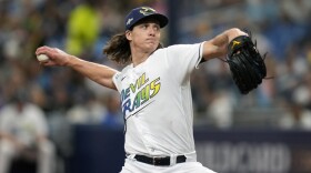 Tampa Bay Rays starting pitcher Tyler Glasnow throwing a baseball.