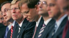 Former Solicitor General Ted Olson (2nd left) sits with Bush administration lawyers during the Senate Judiciary Committee's hearing on Guantánamo detainees on July 11, 2006, on Capitol Hill in Washington, D.C.