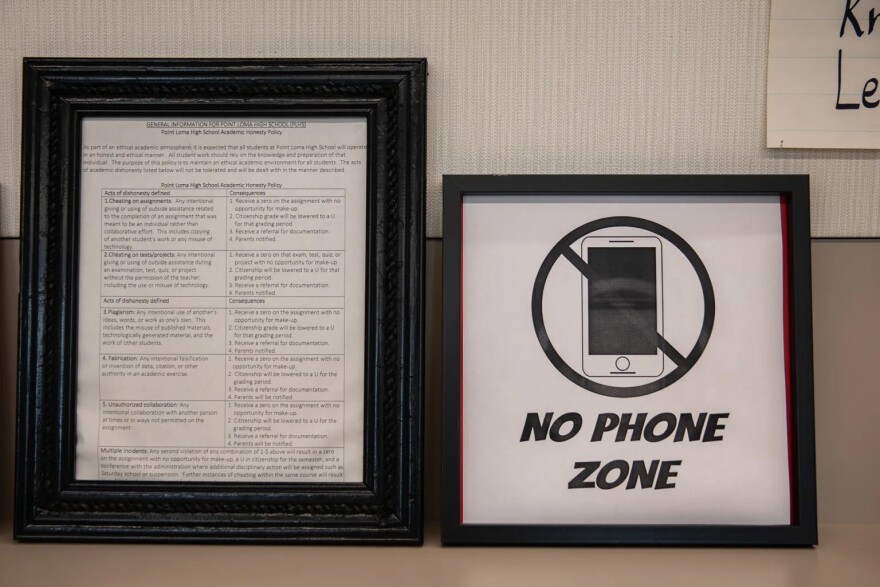 A sign that reads “no phone zone” in English teacher Jen Roberts’ class at Point Loma High School in San Diego on May 3, 2024.