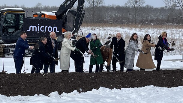 Elected leaders and Micron officials break ground at White Pine Commerce Park in Clay Jan. 16, 2026.