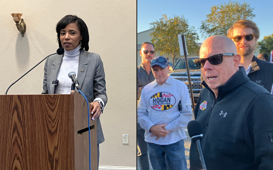 Left image: Prince George's County Executive Angela Alsobrooks speaks to residents October 14 at North Oaks Senior Living in Pikesville. Right image: Former Governor Larry Hogan campaigns October 24 at the early voting center at the Honeygo Run Community Center in Perry Hall. Photos by John Lee/WYPR.
