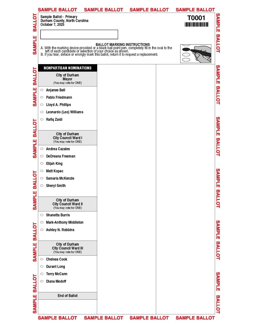 A sample ballot for a voter in Durham