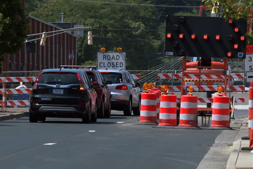 Road work continues along Third Street in front of the Bloomington Convention Center.