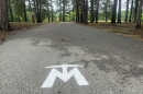 The Mesabi Trail logo is painted in white on the asphalt trail. Trees are visible in the background. 