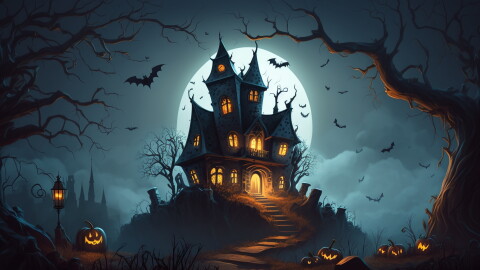 A big house with light shinning out. Outside of the house are Lack-o-lantern's, bats, and big trees.  