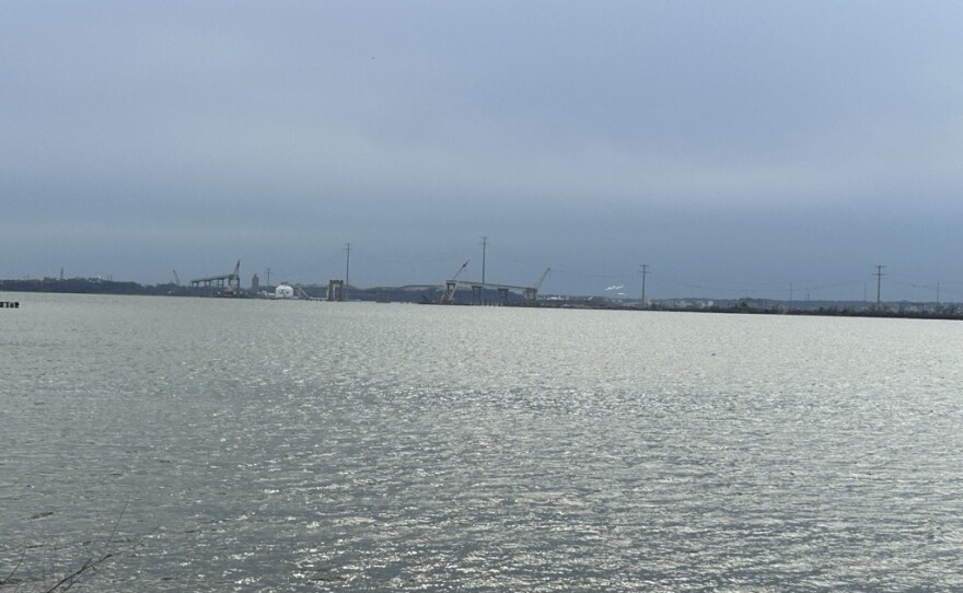 The Francis Scott Key Bridge can be seen at a lookout point near TradePoint Atlantic.