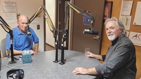 Former Gov. Bill Walker, left, and running mate Randy Hoffbeck sit for an interview at the Alaska Public Media studios in Anchorage.