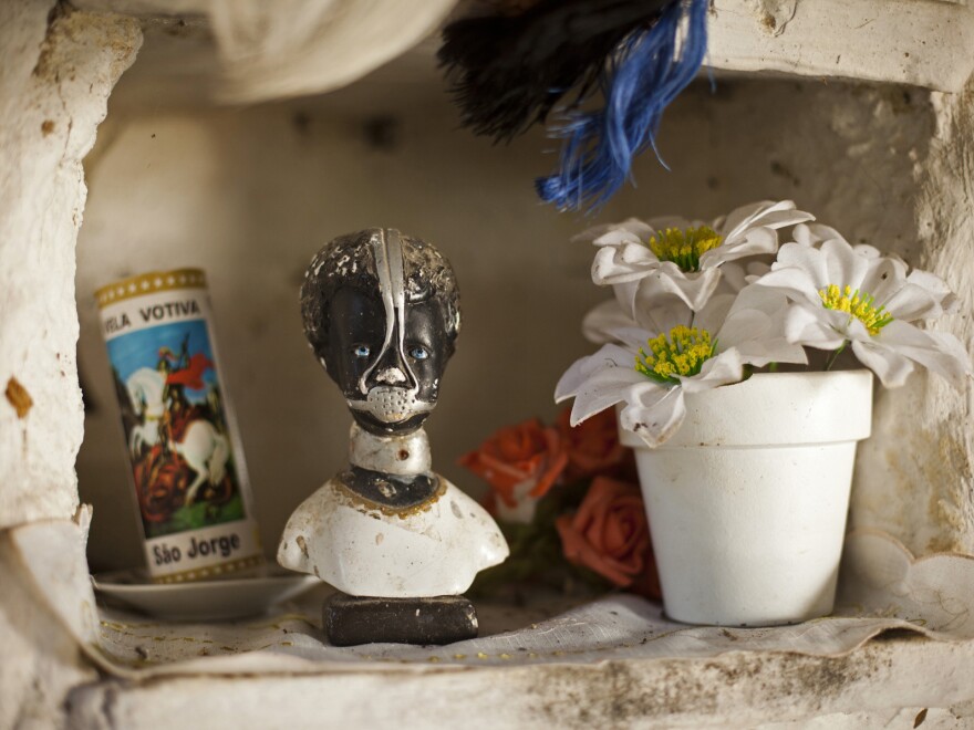 Slave Anastacia, a figure venerated by many as a saint in Brazil, decorates a public space in the Quilombo Sacopa in Rio de Janeiro.