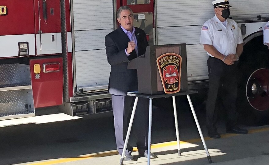 Springfield, Massachusetts, Mayor Domenic Sarno speaking at a fire department promotion ceremony on October 1, 2021.