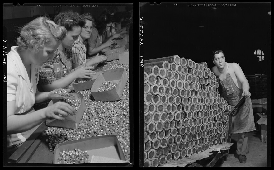 (Left) Women in the Stanley plant inspecting bullet jackets for defective surfaces in New Britain, Connecticut May 1943. (RIGHT) Incendiary bomb casings being made at the Stanley plant in New Britain, Connecticut May 1943.
