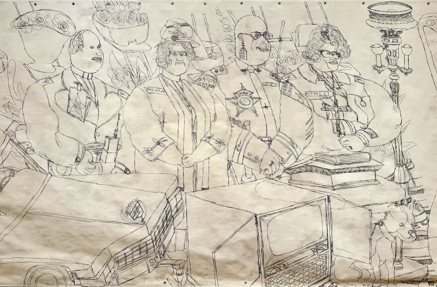 A large detail of an Alfred McMoore funeral scene depicts fictional police officers, a hearse and a television set.