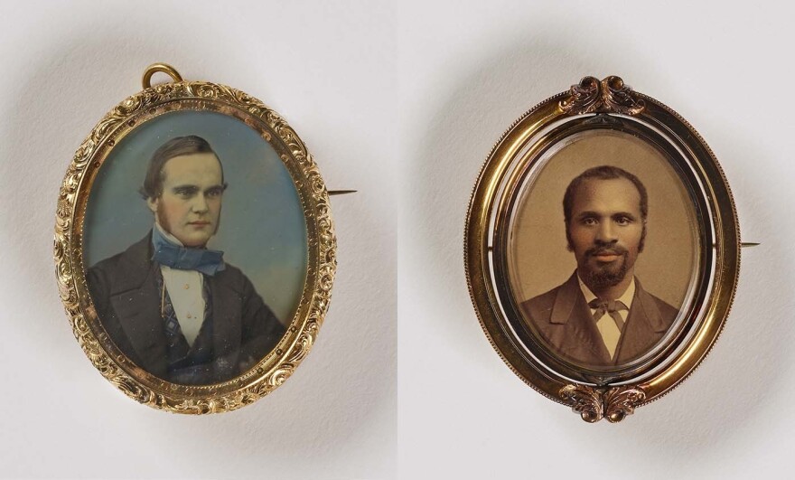 (Left) Unidentified artist, <em>Untitled (pin/pendant, man with large tie)</em>, 1848, daguerreotype in metal setting. (Right) Unidentified artist, <em>Untitled (brooch, man with goatee)</em>, undated, albumen print in metal setting. Smithsonian American Art Museum, the L. J. West Collection of Photographic Jewelry, Museum purchase made possible through the Franz H. and Luisita L.