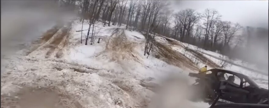 This photo was used in an Otsego County restitution case to show significant damage done to the off-trail ecosystem near Lynn Lake. (Screenshot of video played in courtroom) August 9, 2025.