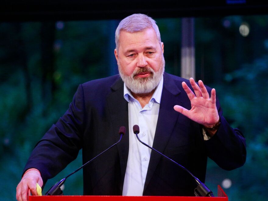 Russian journalist Dmitry Muratov speaks during the auction of his 2021 Nobel Peace Prize medal in New York on Sunday.