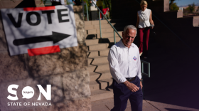 Nevada Gov. Joe Lombardo leaves a polling place after voting Wednesday, Oct. 21, 2026, in Las Vegas. (AP Photo/John Locher)