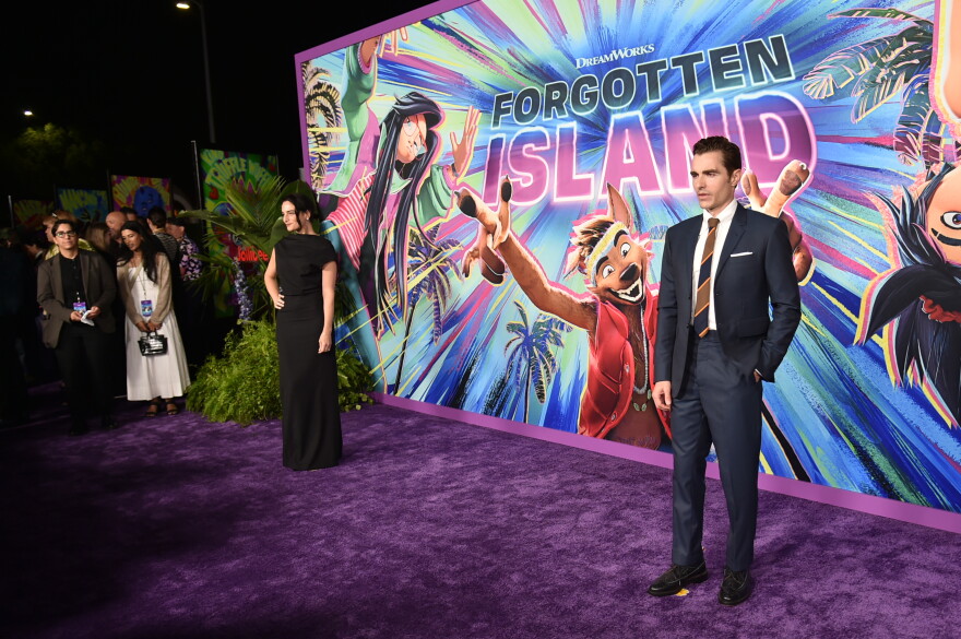 Jenny Slate, left, and Dave Franco arrive at the premiere of "Forgotten Island" on Wednesday, Sept. 23, 2026, at the Lucas Museum of Narrative Art in Los Angeles.