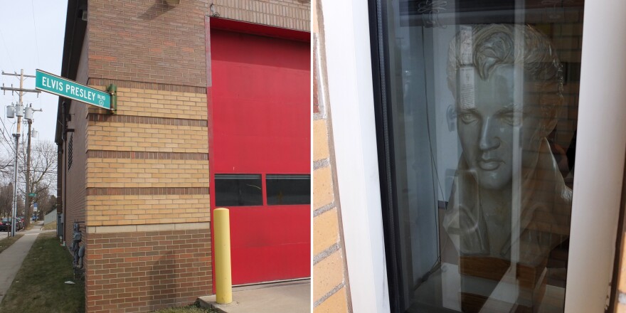 A street sign reading Elvis Presley Blvd is attached to the side of Station 14 (L). A bust of the King greets visitors at the stations front door (R).