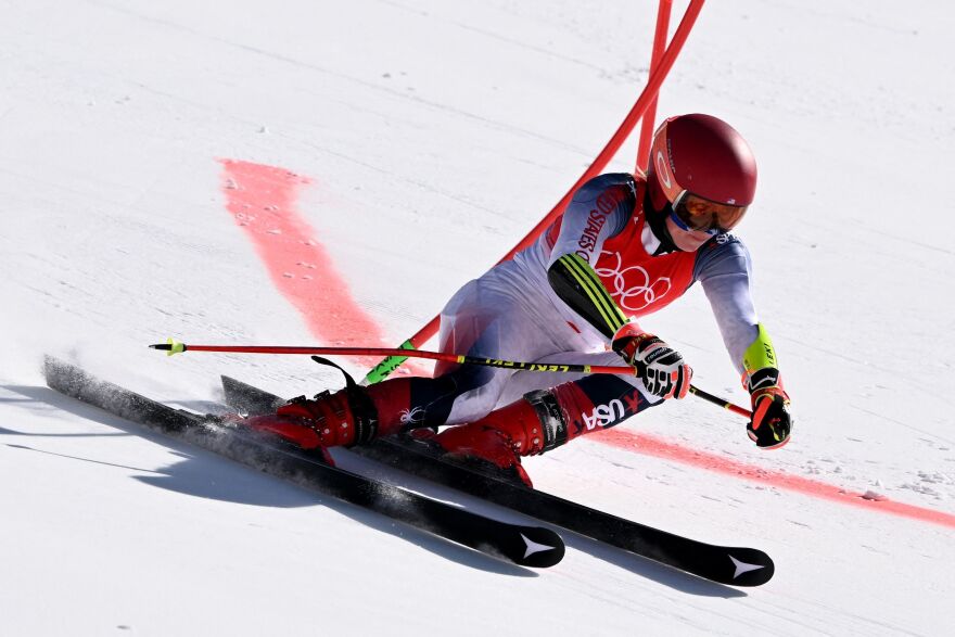 The USA's Mikaela Shiffrin competes in the mixed team parallel quarter finals on Feb. 20.