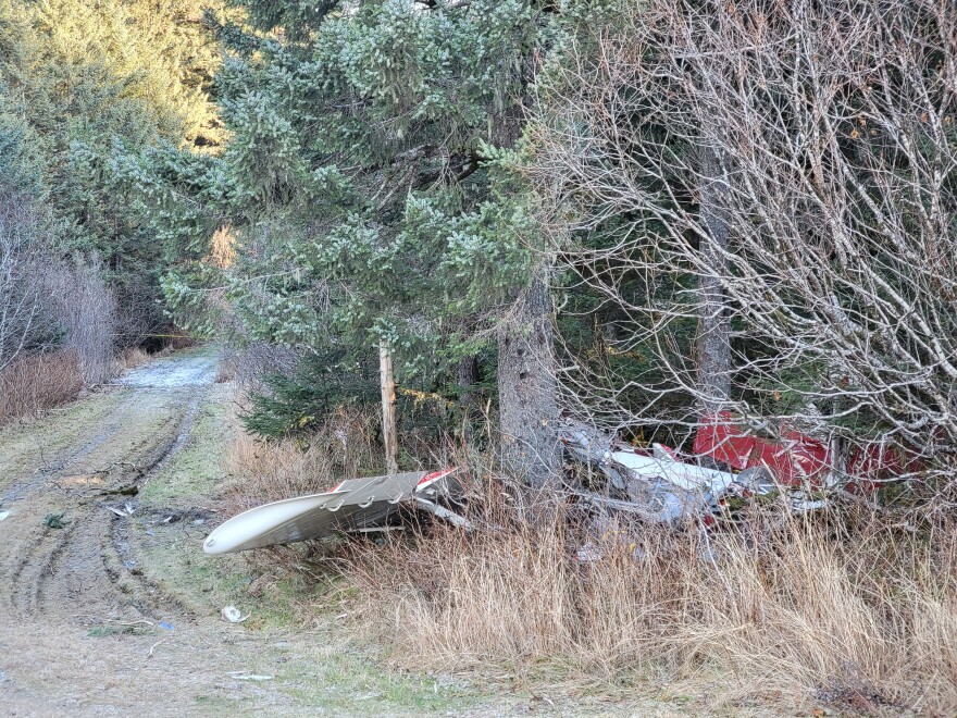 Wreckage of a small plane crash in Kodiak Sunday, November 7, near East Elementary School. (Dylan Simard/KMXT)